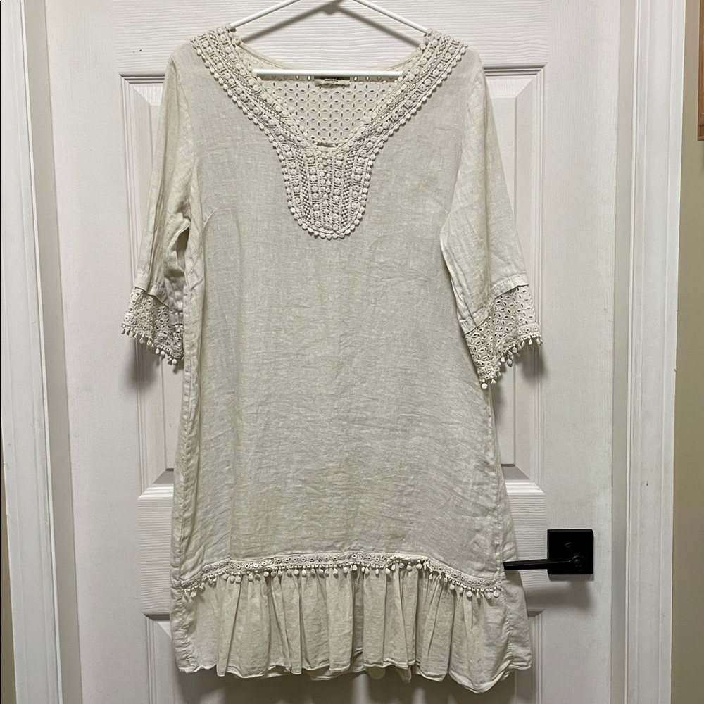 Via Signoria |Made in Italy |Linen |Cream |Shift Dress|Crochet Eyelet | Size M